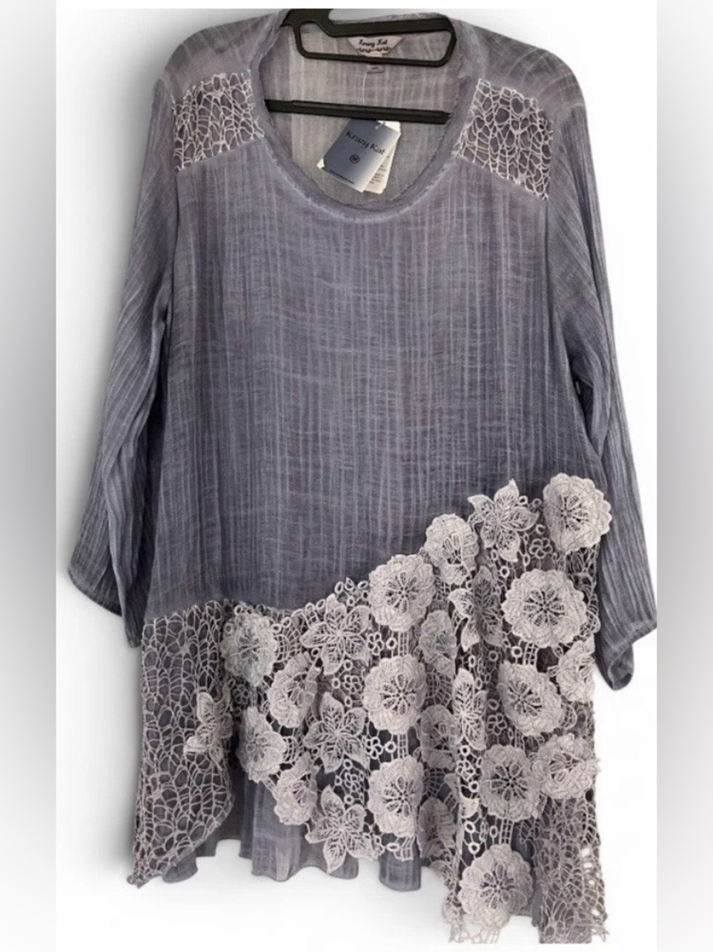 Krazy Kat Blue Embroidered Applique Hem 3/4 Sleeve Tunic Top Women Size XL